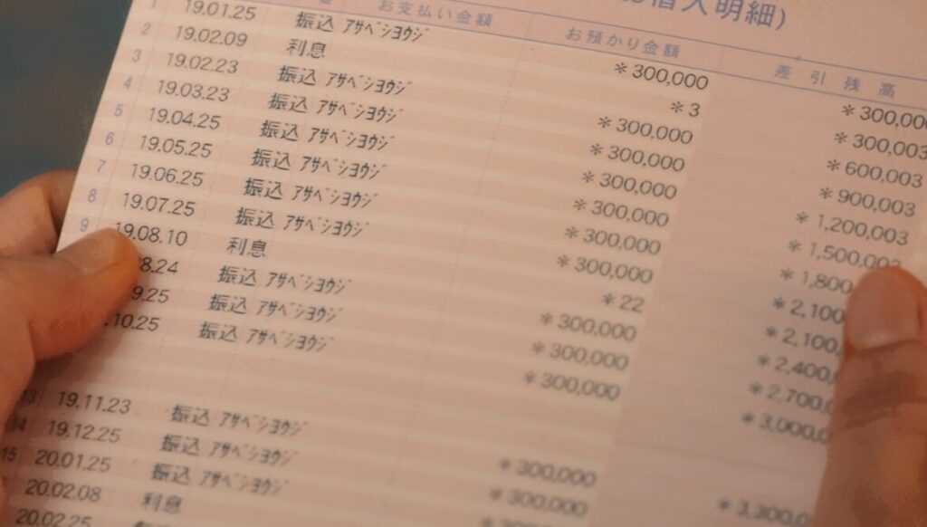 ドラマ「エルピス―希望、あるいは災い―」第５話、「アサベショウジ」からの毎月３０万円の振り込みが記帳された通帳